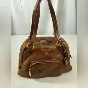 PRADA Vintage Vitello Daino Shoulder Bag (Brown & Metallic Soft Leather)
